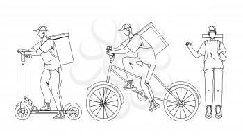 Courier Man Delivery Service Worker Set Black Line Pencil Drawing Vector. Young Man Courier Delivering Order In Yellow Box Backpack On Foot, Bicycle And Scooter. Character In Uniform With Cardboard Illustration