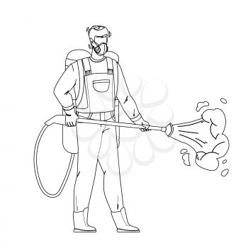 Pest Control Worker Spraying Pesticides Black Line Pencil Drawing Vector. Pest Control Service Working Man Spray Chemical Toxic Liquid With Professional Equipment. Character Insect Exterminator Illustration