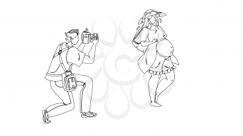 Pregnant Woman Making Photo Photographer Black Line Pencil Drawing Vector. Man Using Digital Camera And Shooting Pregnancy Young Girl. Characters Photographing, Taking Picture On Gadget Illustration
