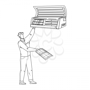 Repairing Conditioner Service Worker Man Black Line Pencil Drawing Vector. Repairman Fixing And Cleaning Conditioner System, Electronic Equipment For Heating Or Cooling Air. Character Repair Device Illustration