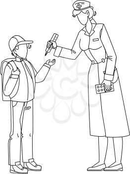 School Doctor Measuring Pupil Temperature Black Line Pencil Drawing Vector. School Doctor Holding Thermometer Medical Equipment And Medicine Drugs Package For Examination Boy Health. Characters Illustration