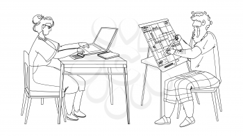 Man And Woman Senior Working Togetherness Black Line Pencil Drawing Vector. Grandmother Working At Laptop And Grandfather Engineer Work With Blueprint Plan. Elderly Characters Occupation Illustration