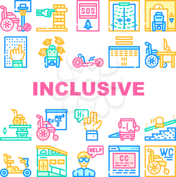 Inclusive Life Tool Collection Icons Set Vector. Graduation And Working Place, SportLife And Communication, Bus And Velomobile Inclusive Life Concept Linear Pictograms. Contour Color Illustrations