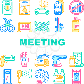 Protests Meeting Event Collection Icons Set Vector. Microwave Gun And Traumatic Gun, Water Jet And Body Armor Protests Equipment Concept Linear Pictograms. Contour Color Illustrations