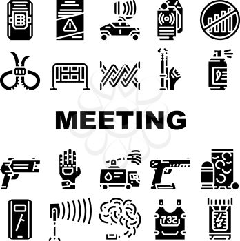 Protests Meeting Event Collection Icons Set Vector. Microwave Gun And Traumatic Gun, Water Jet And Body Armor Protests Equipment Glyph Pictograms Black Illustrations