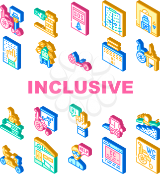 Inclusive Life Tool Collection Icons Set Vector. Graduation And Working Place, SportLife And Communication, Bus And Velomobile Inclusive Life Isometric Sign Color Illustrations
