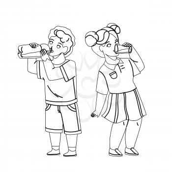Children Drink Milk From Glass And Bottle Black Line Pencil Drawing Vector. Thirsty Children Drink Water Or Dairy Beverage Together, Boy Drinking From Flask And Girl From Cup. Characters Illustration