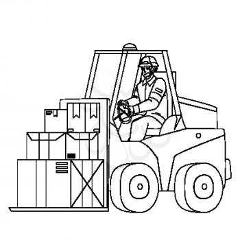 Forklift Worker Driving Truck In Warehouse Black Line Pencil Drawing Vector. Forklift Driver Transportation And Storage Loading Cardboard Boxes. Character Operator Man Shipping Containers Illustration