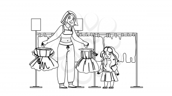 Girl Kid Shopping And Choose Dress In Store Black Line Pencil Drawing Vector. Mother And Kid Shopping In Shop And Choosing Beautiful Clothing. Characters Mom And Child Seasonal Discount Illustration