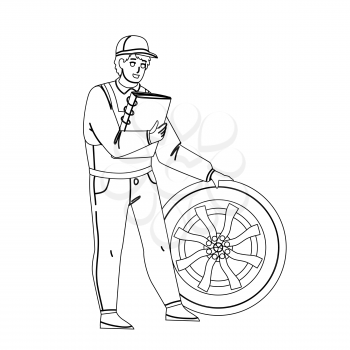 Tire Car Wheel Black Line Pencil Drawing Vector. Vehicle Service Worker Checking And Fixing Transportation Part. Character Guy Professional Maintenance In Garage Illustration