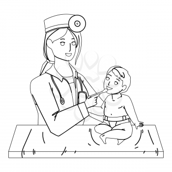 Pediatrician Doctor Woman Examining Child Black Line Pencil Drawing Vector. Young Pediatrician Lady Checking Newborn Toddler Kid Health In Hospital Cabinet. Characters Medicine Healthcare Illustration