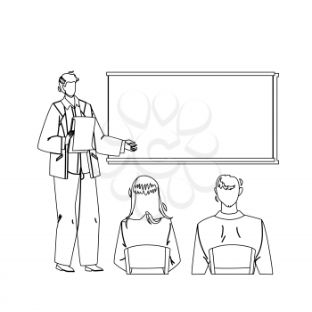 Presentation Company Strategy Speak Worker Black Line Pencil Drawing Vector. Businessman Giving Presentation For Colleagues In Conference Room. Ceo And Employees Business Meeting Illustration