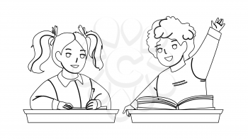 Pupils Boy And Girl Studying At School Desk Black Line Pencil Drawing Vector. Schoolboy Raise Hand For Answering On Question And Schoolgirl Writing In Notebook With Pen, Pupils Study. Illustration