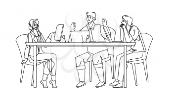 Team Work Together At Table In Office Room Black Line Pencil Drawing Vector. Colleagues Discussion About Project, Brainstorming And Developing Strategy, Employees Team Work. Characters Illustration