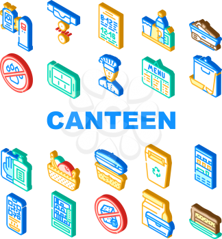 School Canteen Menu Collection Icons Set Vector. Canteen Food And Drink, Basket With Fruits And Cake Dessert, Cooked Dish And Chef Color Illustrations