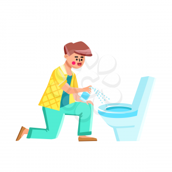 Toilet Disinfection Spray Using Young Man Vector. Boy Spraying And Cleaning Toilet With Disinfect Chemical Liquid, Sanitize And Hygiene Care. Character Guy Hygienic Procedure Flat Cartoon Illustration