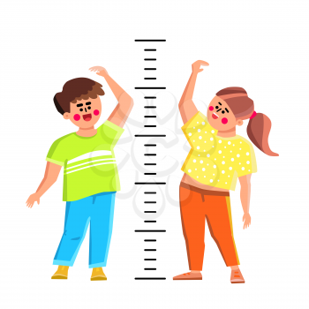 Kids Measuring Height With Measure Scale Vector. Smiling Boy And Girl Children Measuring Growth With Measurement Ruler. Characters Brother And Sister Or Friends Flat Cartoon Illustration