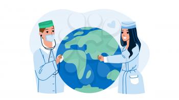 World Health Day Doctors Celebrate Holiday Vector. Man And Woman Hospital Workers Celebrating Worldwide Health Day Together. Characters Healthcare Job Celebration Flat Cartoon Illustration