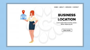 Business Location Showing Businesswoman Vector. Young Woman Manager Show Company Building Business Location. Character Lady Commercial Professional Occupation Web Flat Cartoon Illustration