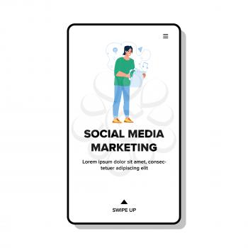 Social Media Marketing Developing Manager Vector. Man Create Social Media Marketing On Tablet Digital Electronic Device. Character Online Advertisement Web Flat Cartoon Illustration