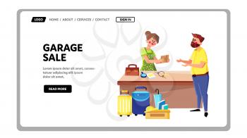 Garage Sale Event Customer Buying Goods Vector. Woman Seller Garage Sale Business Occupation, Man Choosing And Buy Wallet Accessory. Characters Backyard Market Web Flat Cartoon Illustration