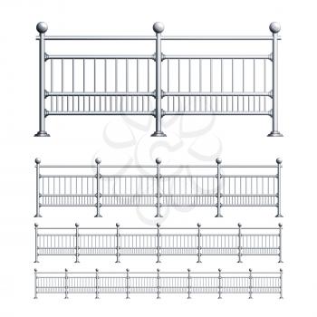 Steel Railings Exterior Construction Set Vector. Collection Of Elegance Stainless Railings, Balcony Or Street Fencing, Metallic Handrail. Metal Fence Template Realistic 3d Illustrations