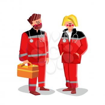 Paramedic Man And Woman With Medical Tool Vector. Paramedic Couple Wearing Professional Costume Holding Medicaments Box And Stethoscope. Characters Medicine Workers Flat Cartoon Illustration