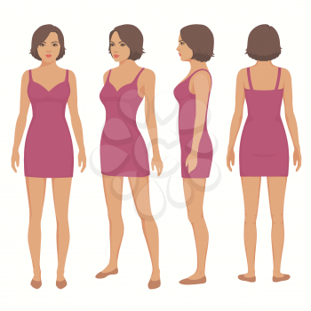  fashion vector illustration , woman isolated in dress, front, back and side view