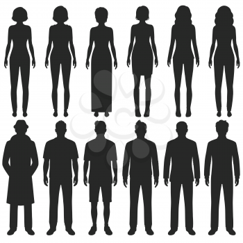 vector group of standing people silhouettes, sport business and fashion persons