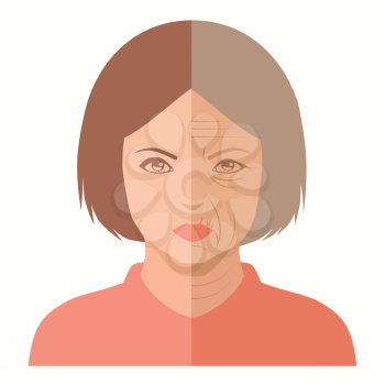 vector portrait, woman  face, before and after aging, skin care
