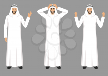 
 vector illustration of a arab man character expressions with hands gesture, cartoon muslim businessman wit different emotion