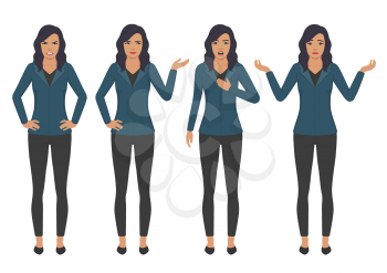  vector illustration of a woman character expressions with hands gesture, cartoon businesswoman wit different emotion 