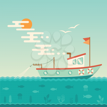 fishing boat on the sea, sea ship vector illustration