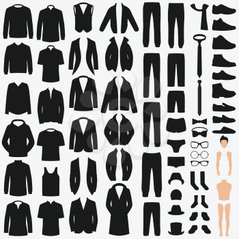 Set of man fashion. Clothes isolated on white. Vector clothing design. pants, suit, shirt and jacket
