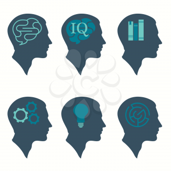 vector illustration of human profile head concept, with brain, bulb, book, labyrinth and gear icon