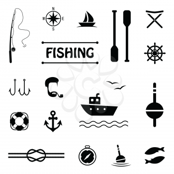 vector fish set icons, fishing boat