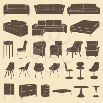  vector home furniture icons, room interior 