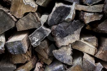 Closeup of a burnt stack of chopped firewood