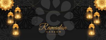 beautiful ramadan kareem wide banner in black and golden style