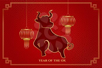 Chinese year of the ox with lanterns on red background vector