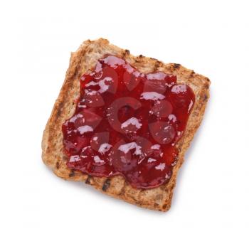 Toasted bread with jam on white background, top view�