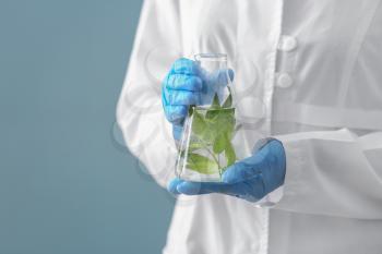 Scientist holding flask with plant on color background�