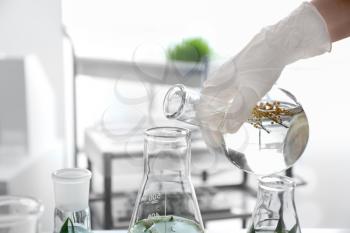 Scientist holding flask with plant in laboratory�