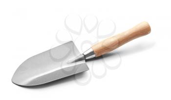 Metal shovel for gardening on white background�