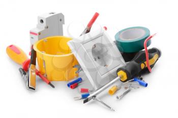 Electrician's supplies on white background�