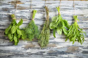 Bunches of different herbs on wooden background�