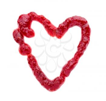 Heart made of sweet raspberry jam on white background�