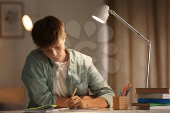 Teenager boy doing homework at home in evening�