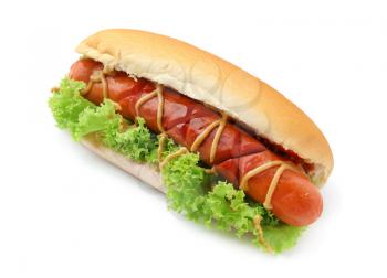 Tasty hot dog with lettuce and sauces on white background�