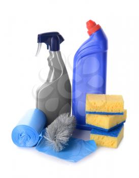 Cleaning supplies on white background�